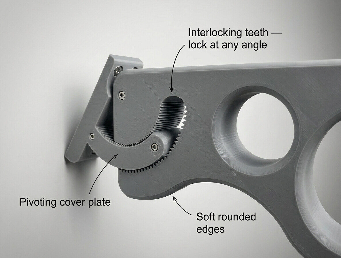 Diagram labelling the interlocking teeth, pivoting cover plate, and rounded edges of the bracket