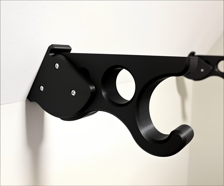 Black bracket mounted on a white sloped wall