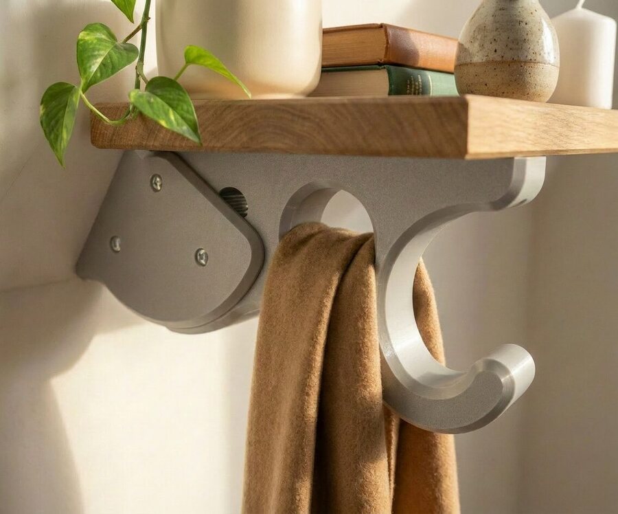 Gray bracket under an oak shelf with a blanket hanging from the hook