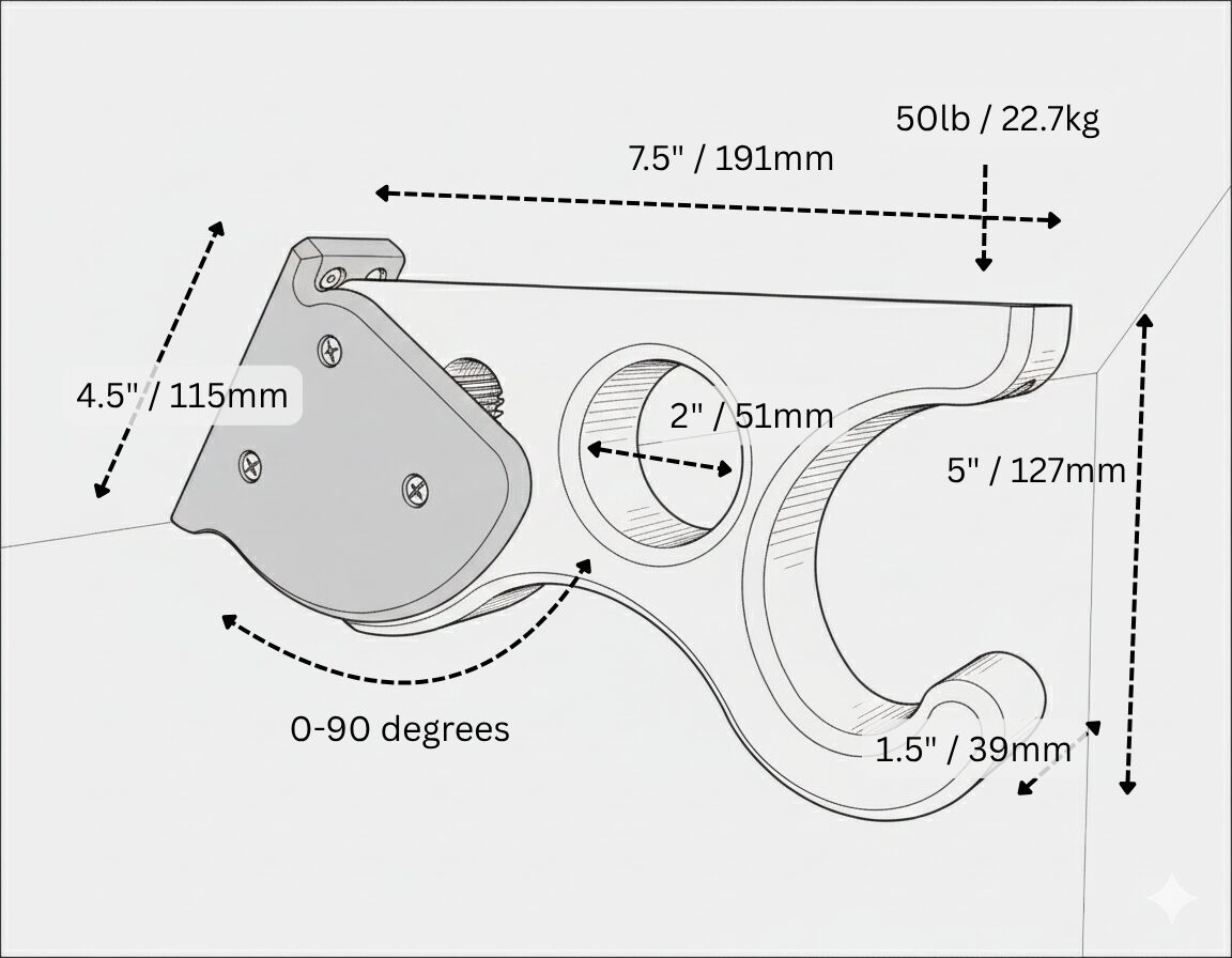 Dimensioned drawing: 7.5 inch reach, 5 inch drop, 4.5 inch mounting plate, 2 inch rod opening, 1.5 inch hook