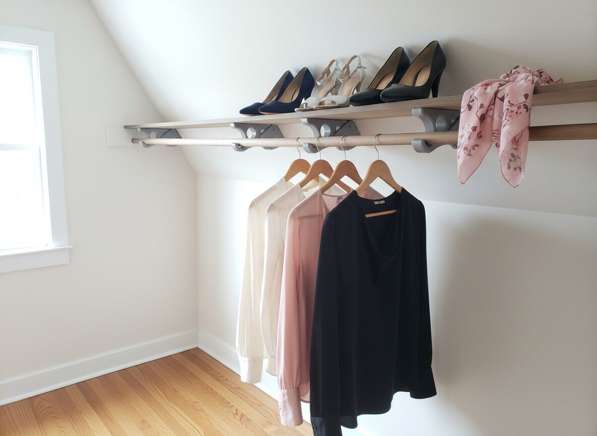 Clothes on a hanging rod with shoes on the shelf above, in a slanted-wall closet