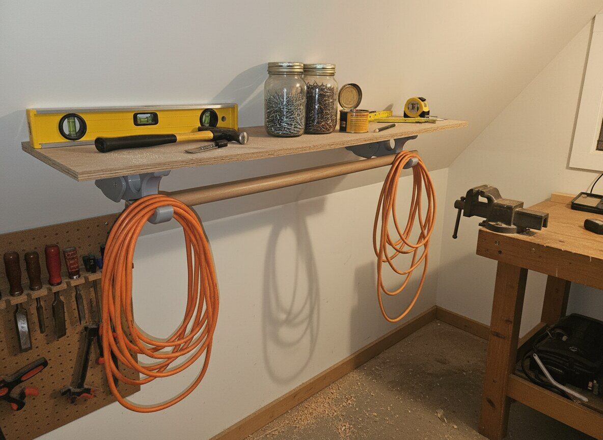 Extension cords hanging under a workshop shelf mounted on a basement knee wall